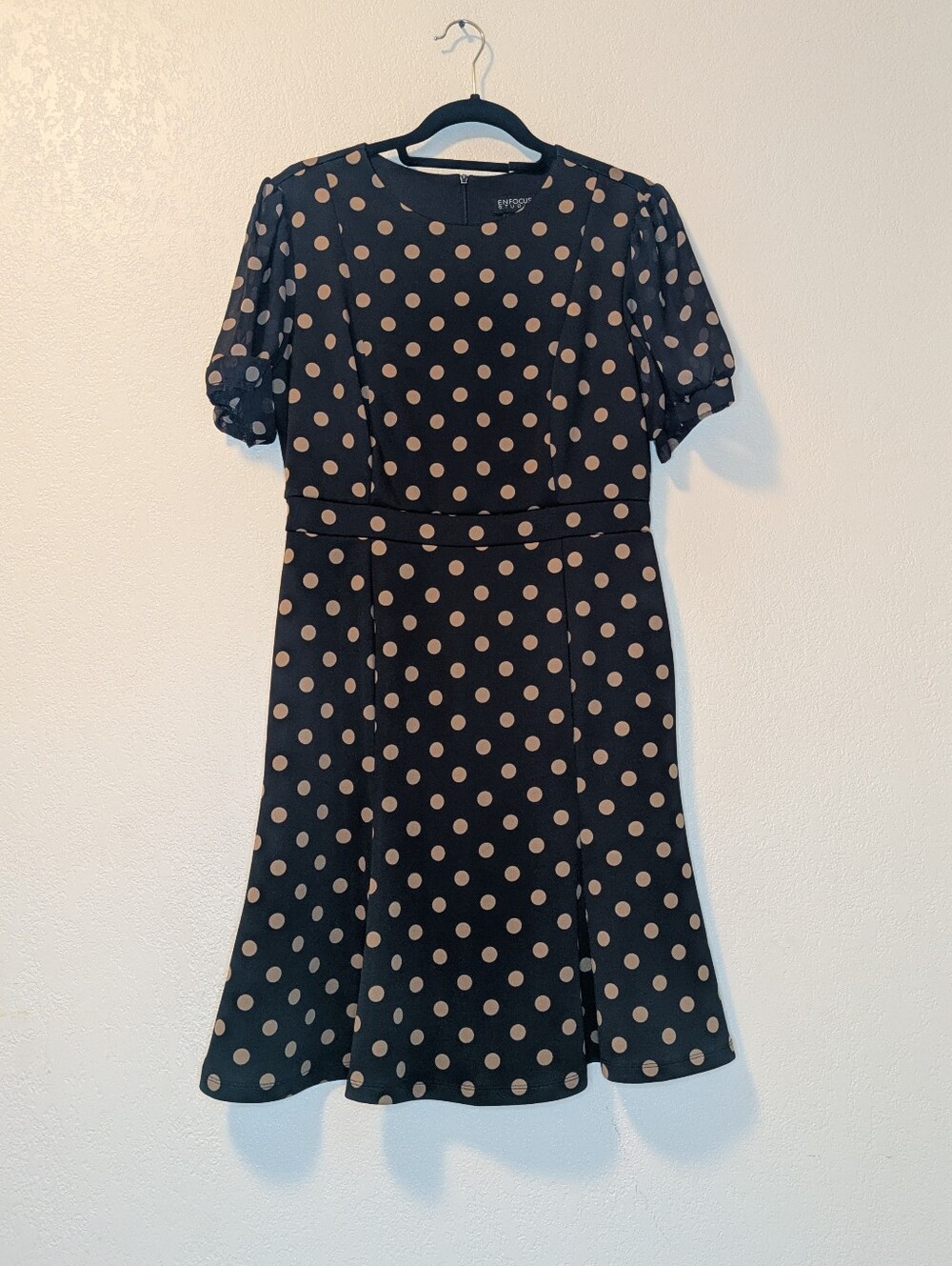 Enfocus Studio Navy Dress with Tan Polka Dots